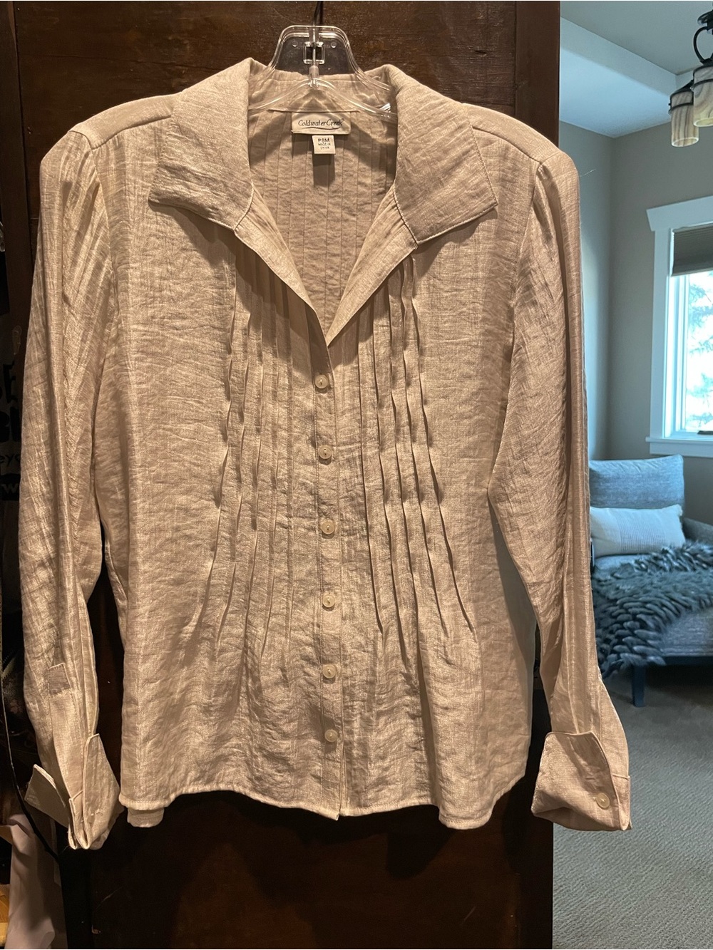 Coldwater Creek Cream Pintuck Linen Button-Down Blouse